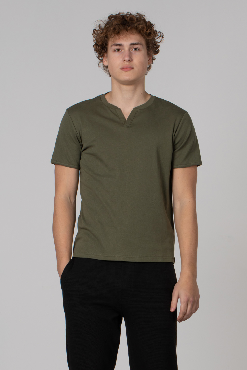 Yaka detay ribana t-shirt-2122 Haki