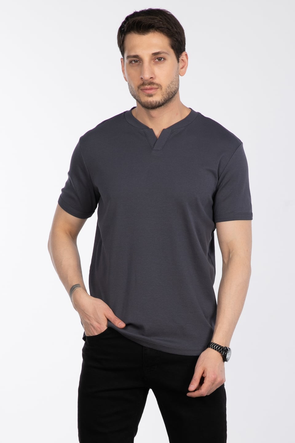 Yaka Detay Ribana T-Shirt - Antrasit