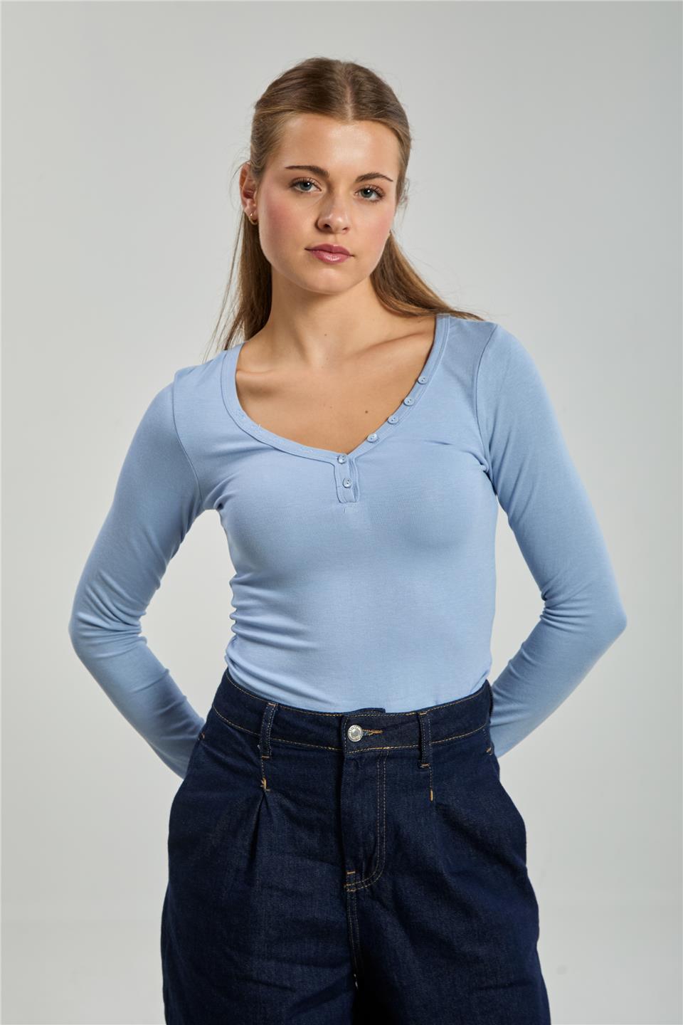 Yaka düğmeli uzun kol body-10656 Mavi