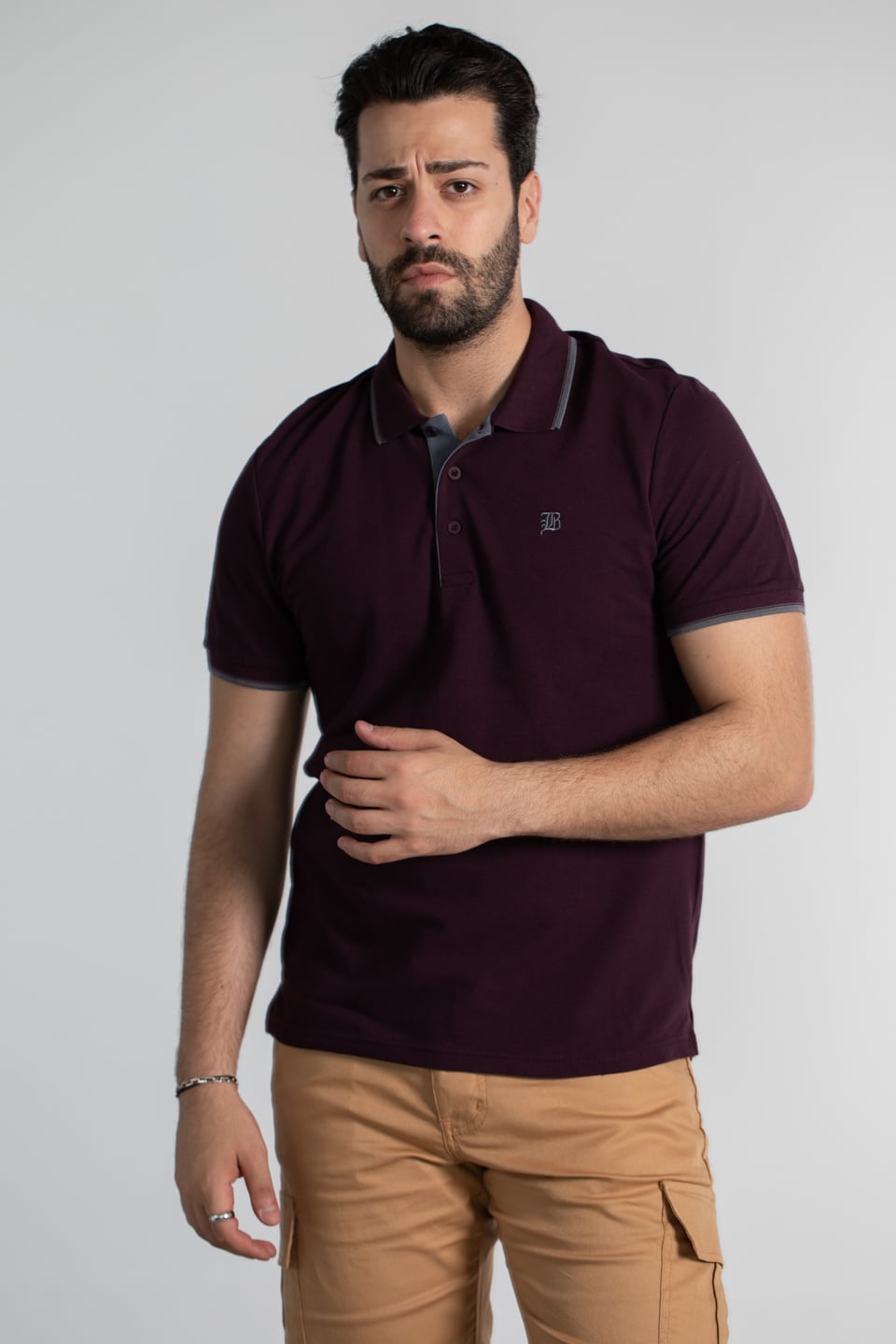 Yaka ve kol çizgili pike t-shırt-2118 Vişne