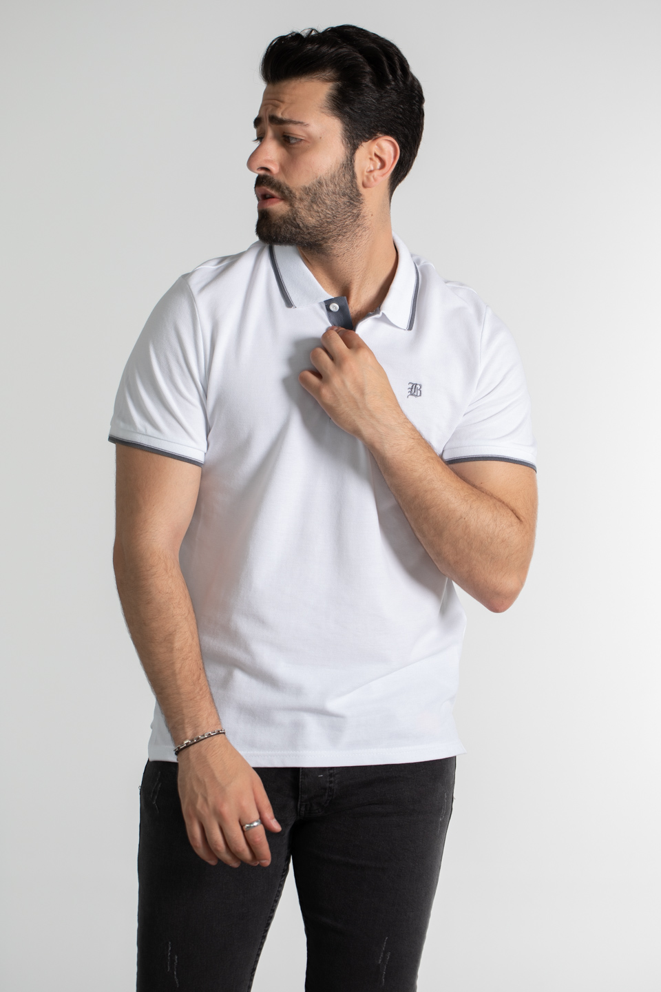 Yaka ve kol çizgili pike t-shırt-2118 Beyaz