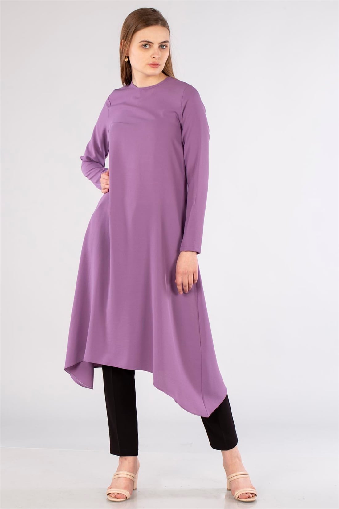 Yakası Biyeli Asimetrik Tunik-Lila