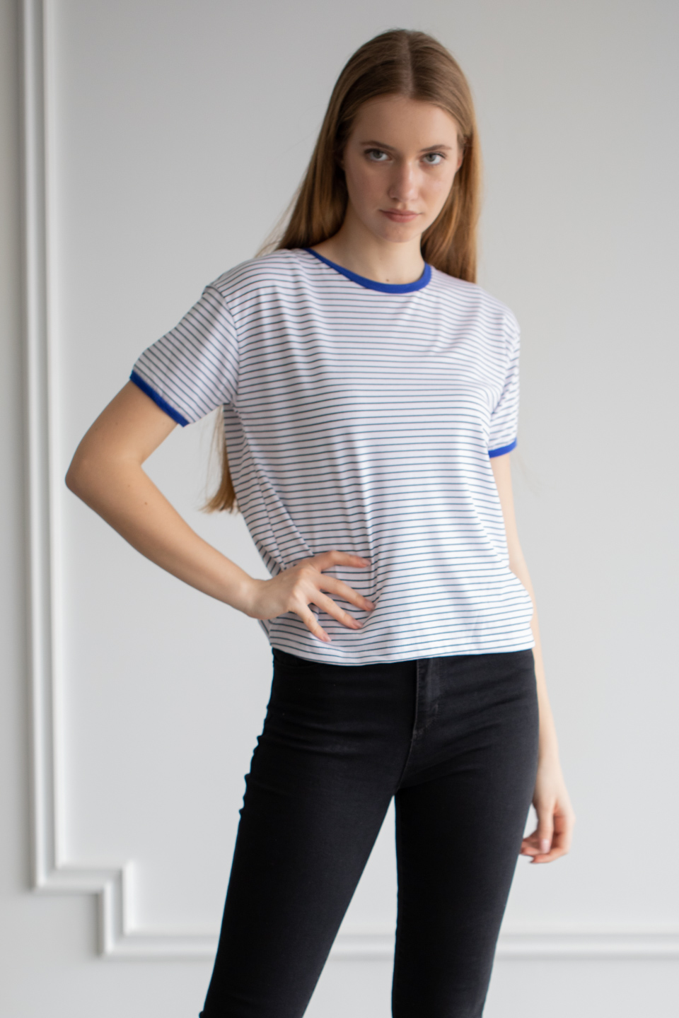 Yakası ve kol ribanası renkli çizgili t-shirt-6060 Saks/Beyaz
