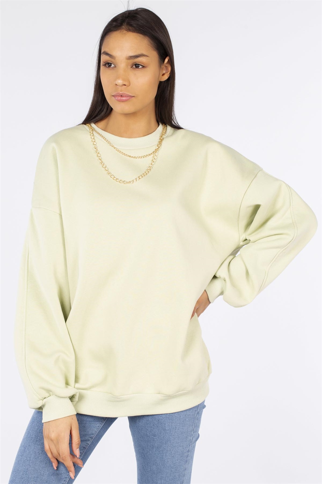 Yakası Zincirli Sweatshirt-Mint