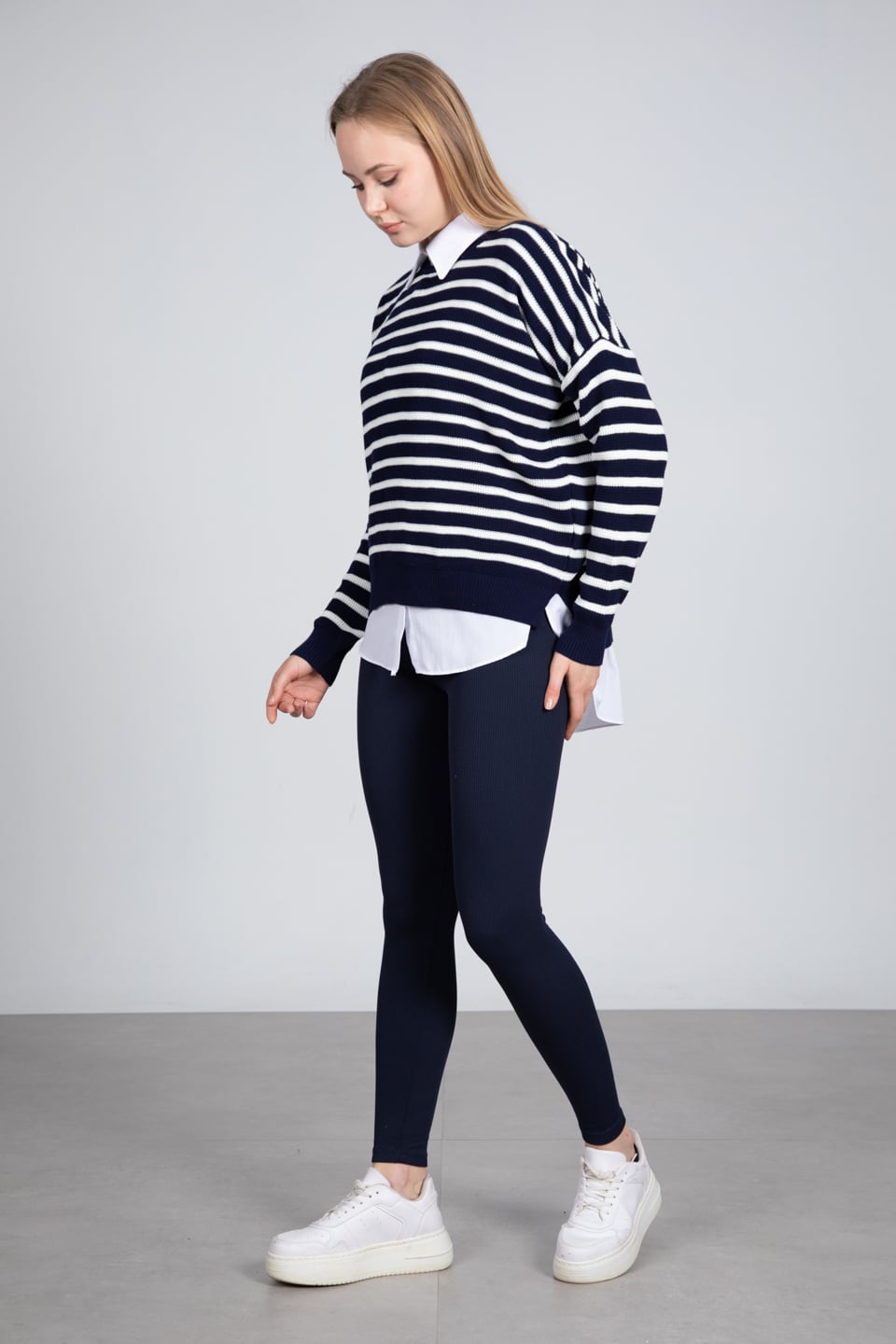 Yan çizgili kazak-6376 Lacivert/Beyaz