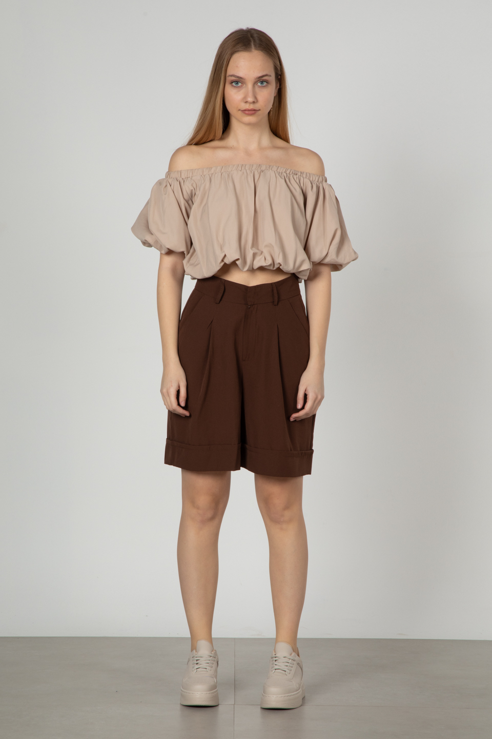 Yandan cepli şort-6383 Kahve