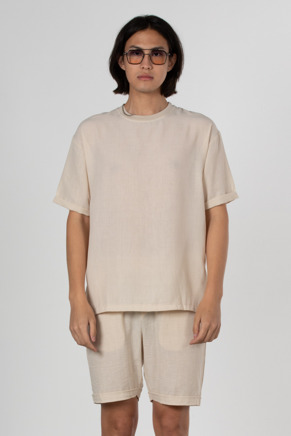Yandan fermuarlı keten t-shirt-9043 Bej