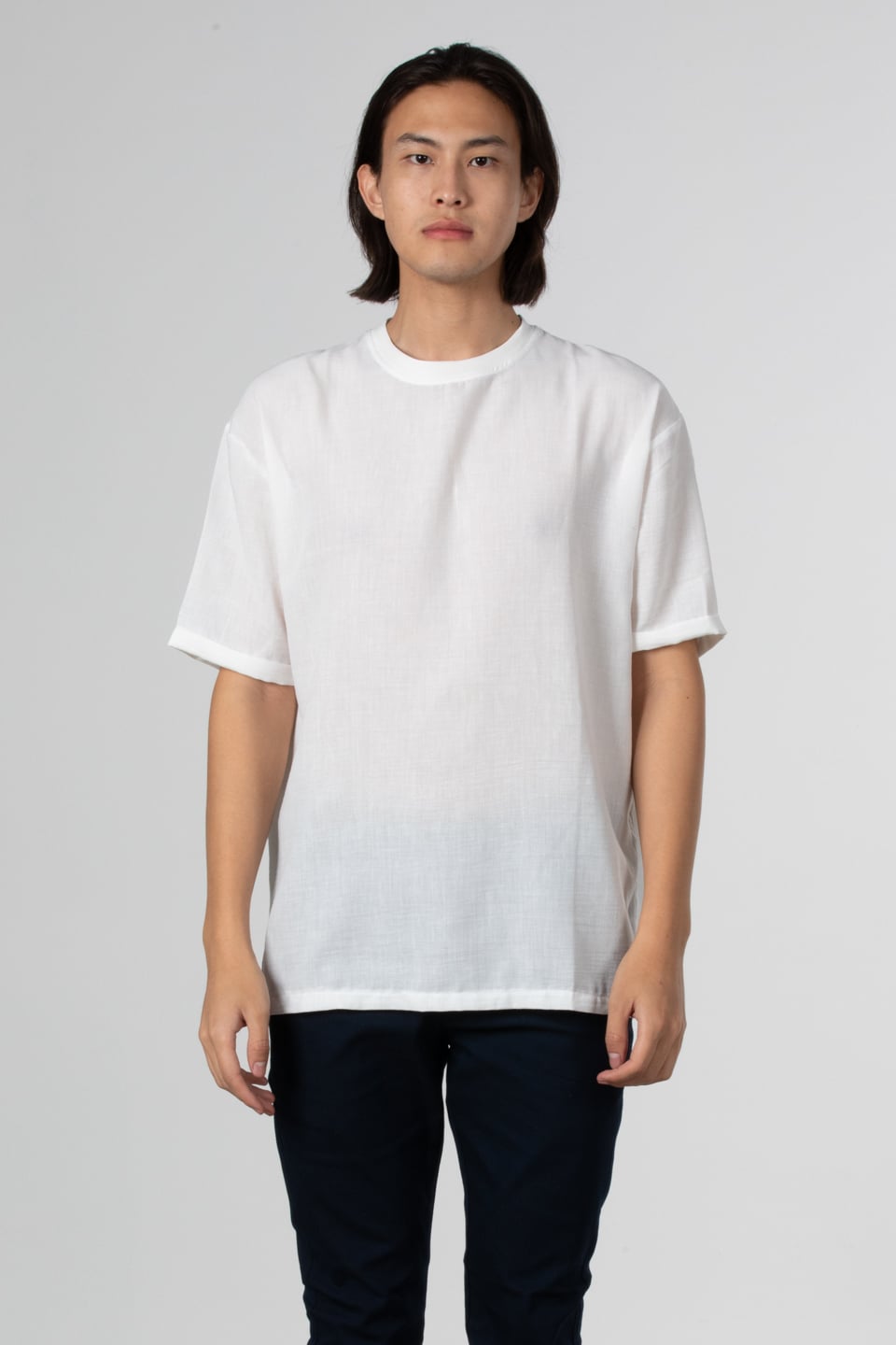 Yandan fermuarlı keten t-shirt-9043 Beyaz