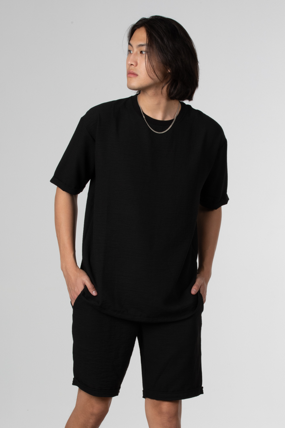 Yandan fermuarlı keten t-shirt-9043 Siyah