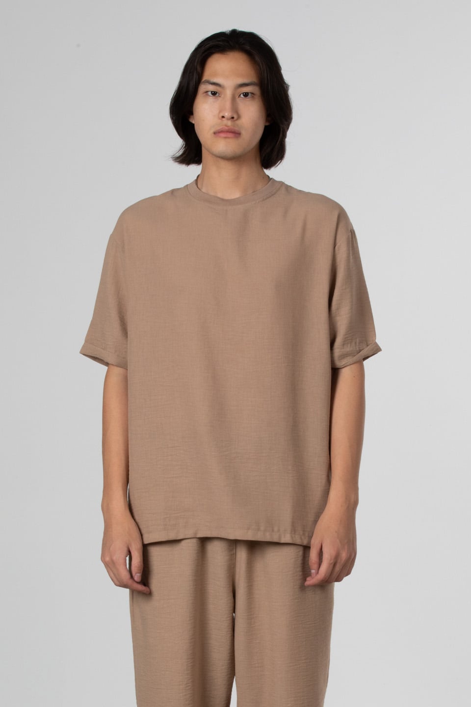 Yandan fermuarlı keten t-shirt-9043 Toprak