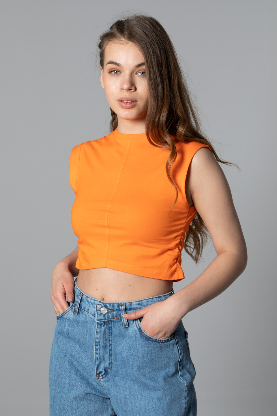 Yanı büzgülü kolsuz crop-6192 Oranj