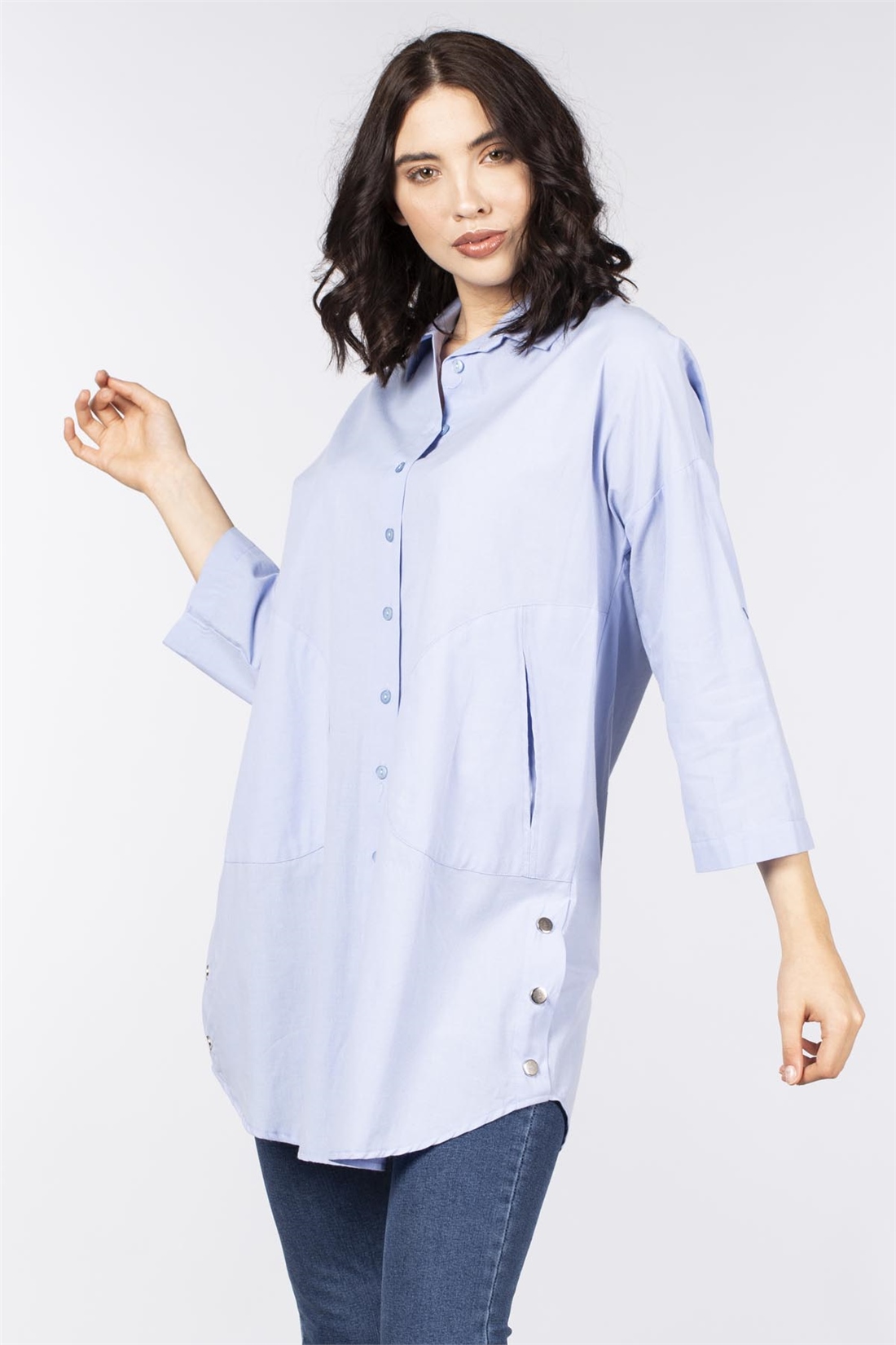Yanı Çıtçıtlı Cepli Tunik Gömlek-Bebe Mavi