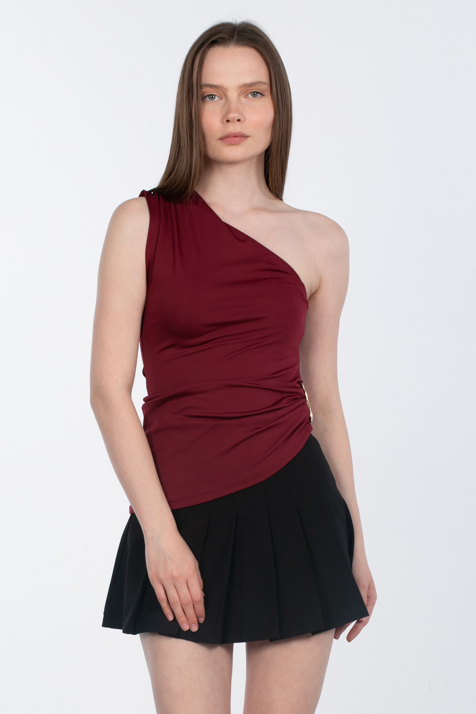 Yanı tokalı tek omuz bluz-2359 Bordo