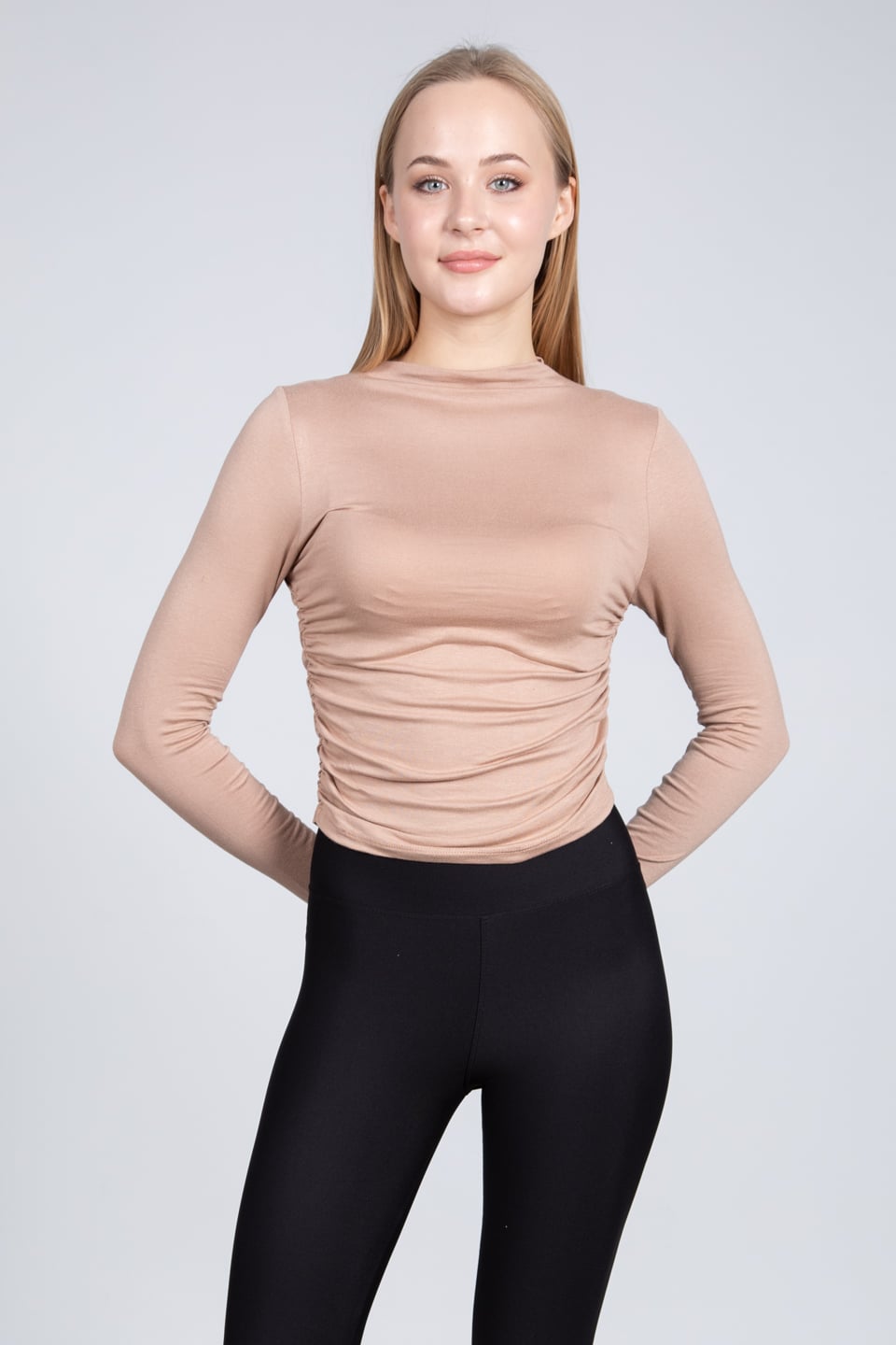 Yanları büzgülü bluz-DVN0507 Sütlü Kahve