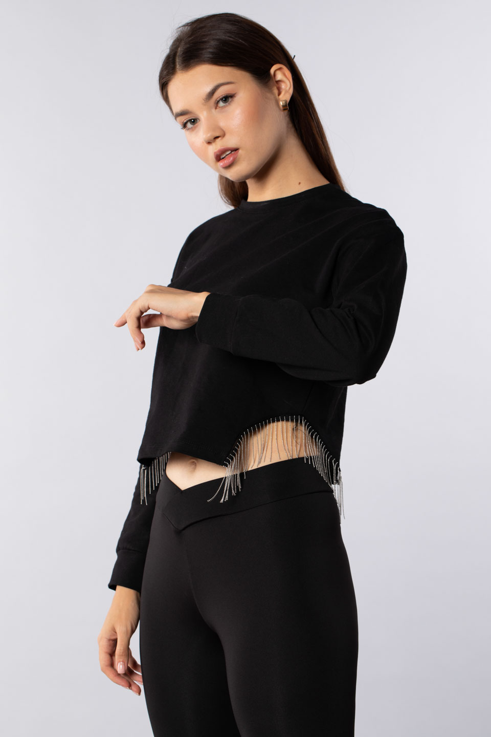 Yanları metal püsküllü sweatshirt-7327 Siyah