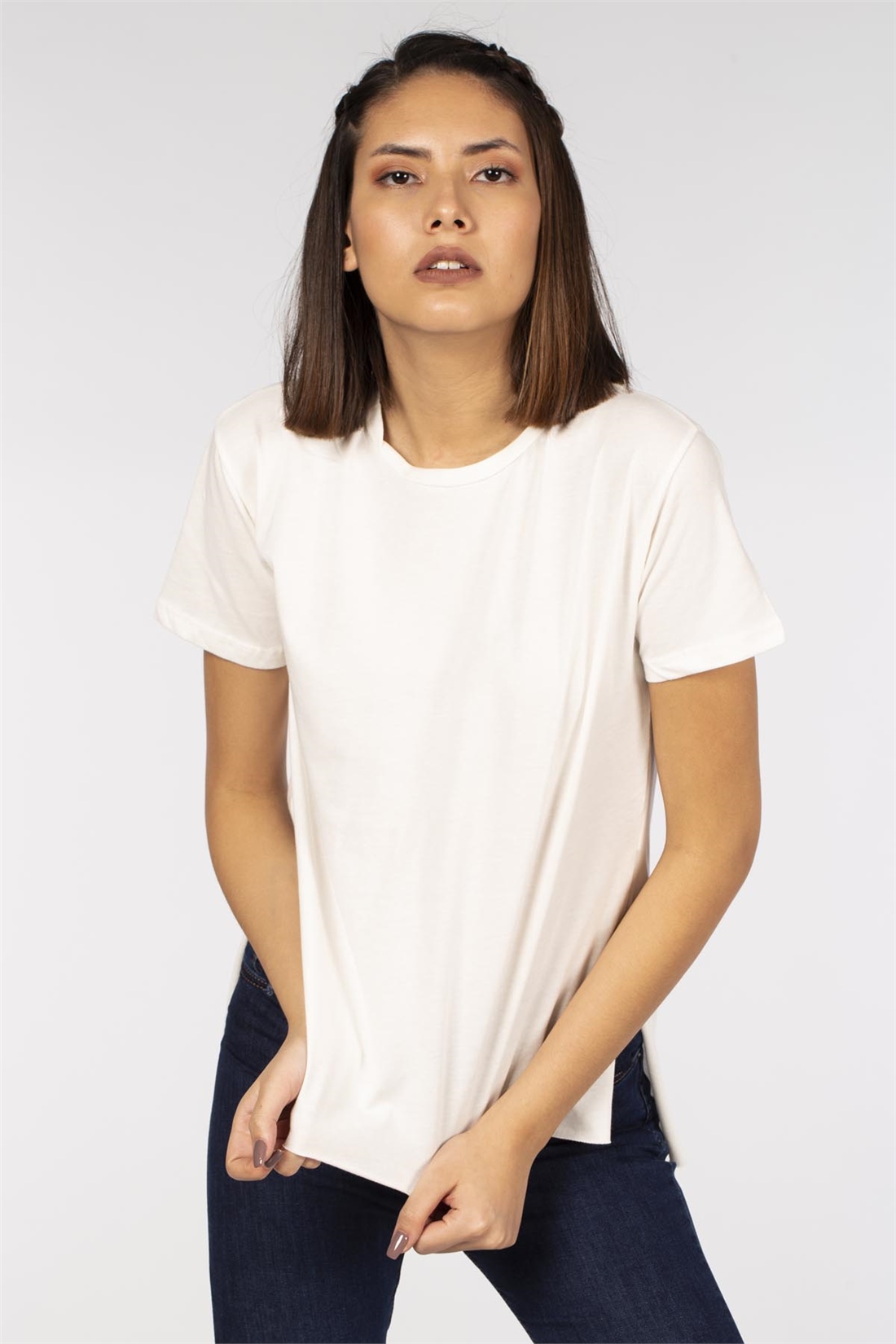 Yanları Yırtmaçlı Basic T-Shirt-Ekru