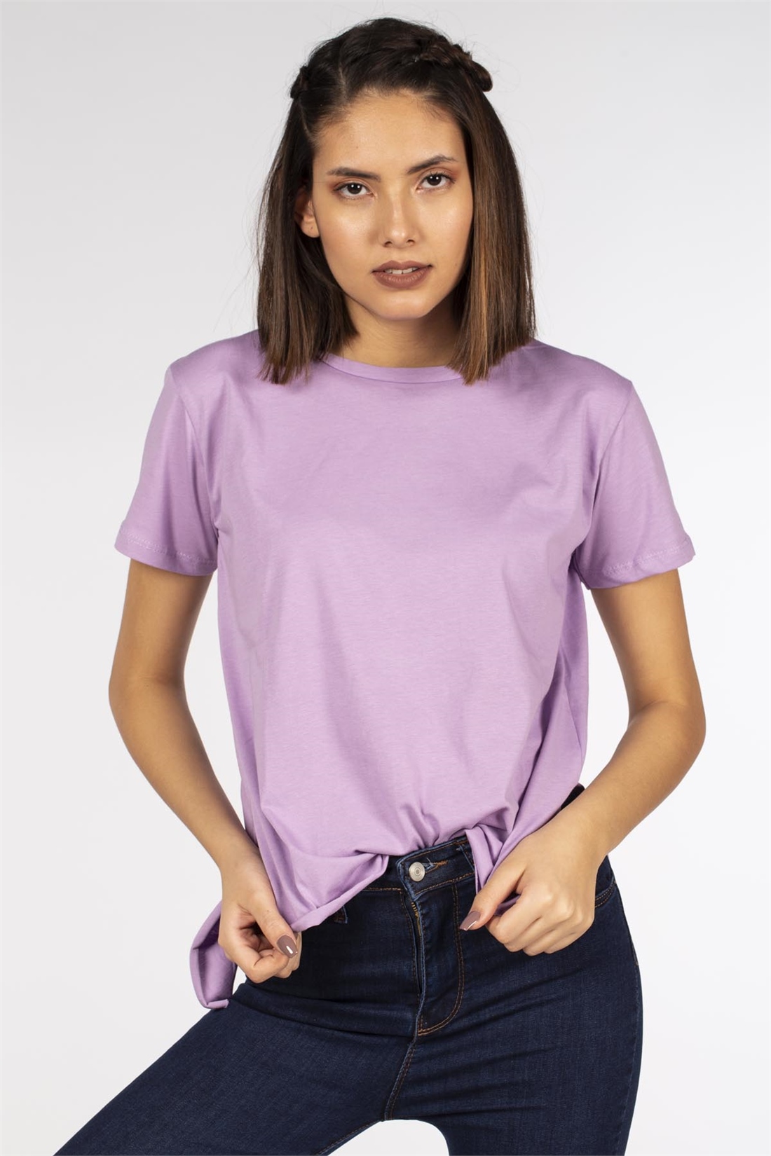 Yanları Yırtmaçlı Basic T-Shirt-Lila