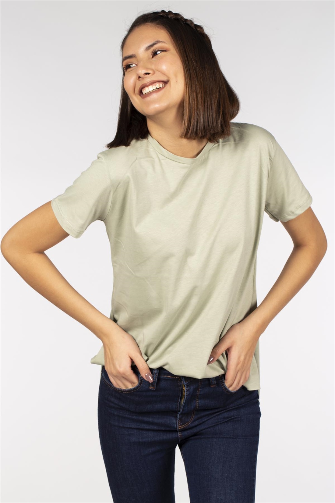 Yanları Yırtmaçlı Basic T-Shirt-Mint