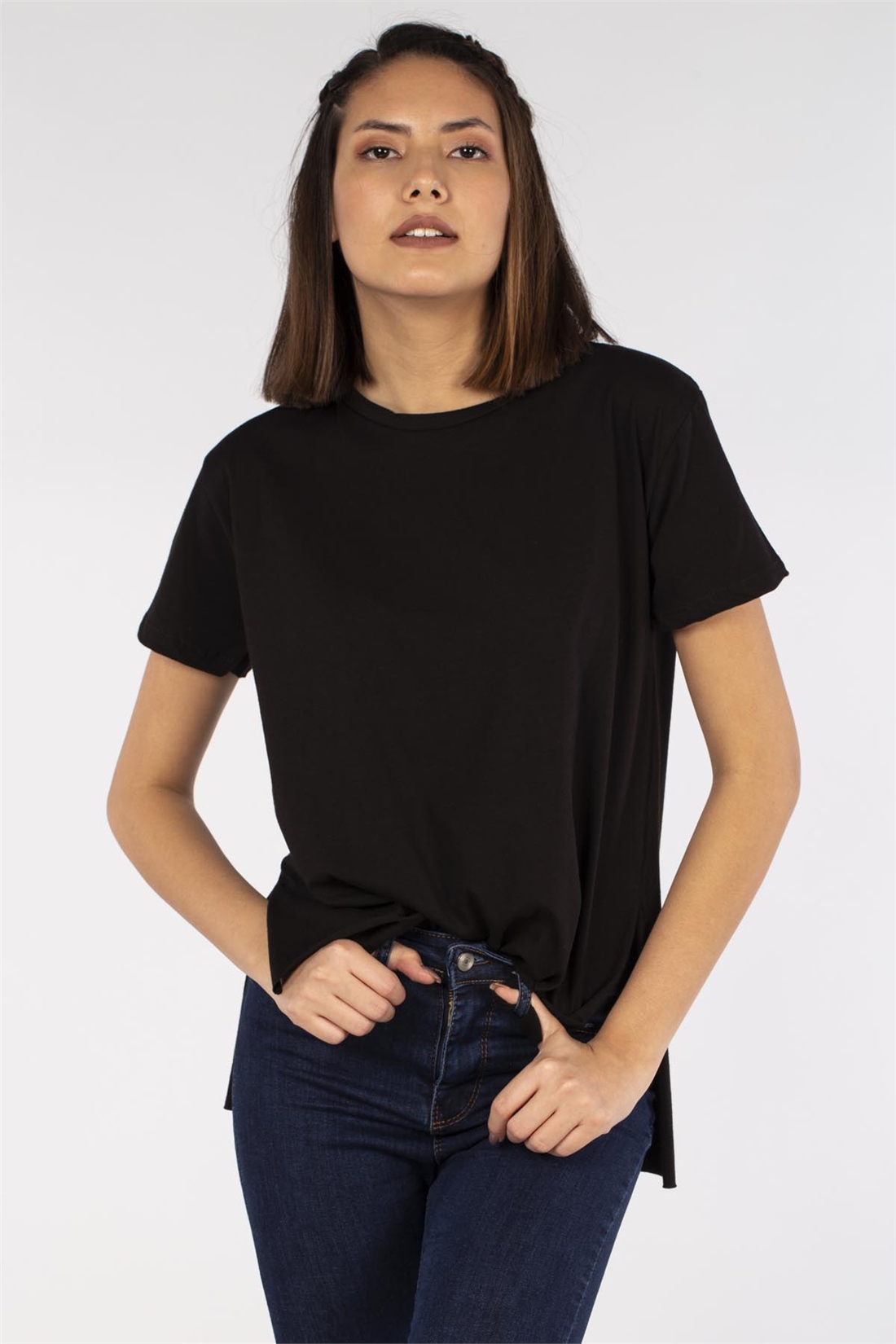 Yanları Yırtmaçlı Basic T-Shirt-Siyah