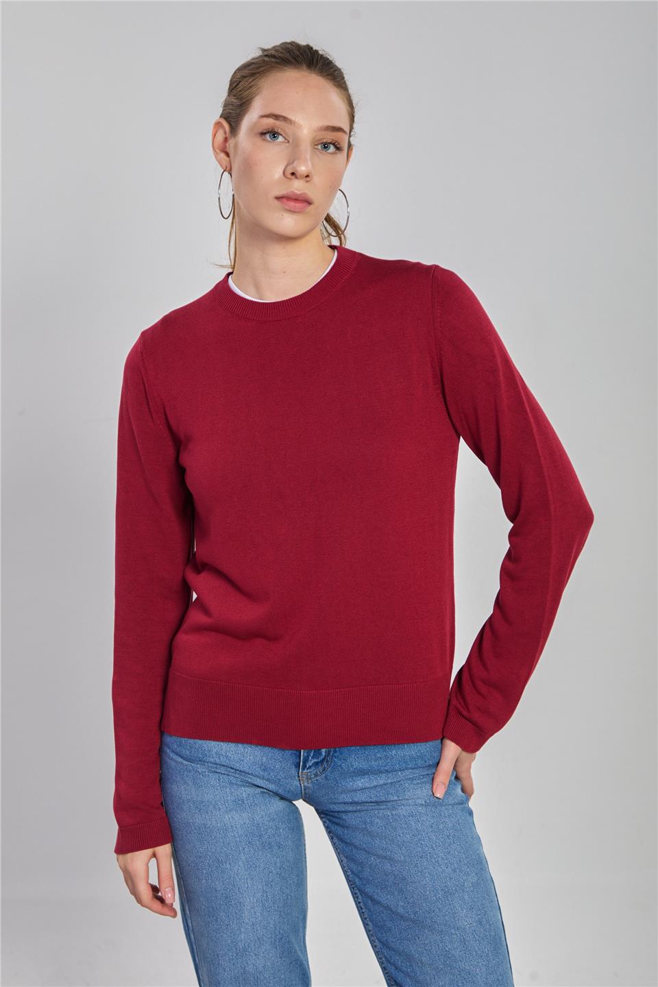 Yanları yırtmaçlı ince triko kazak-6632 Bordo