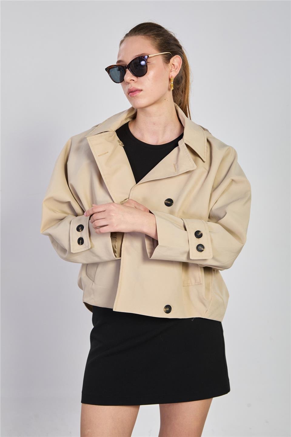 Yarasa kol kapüşonlu kısa trençkot-60550 Taş