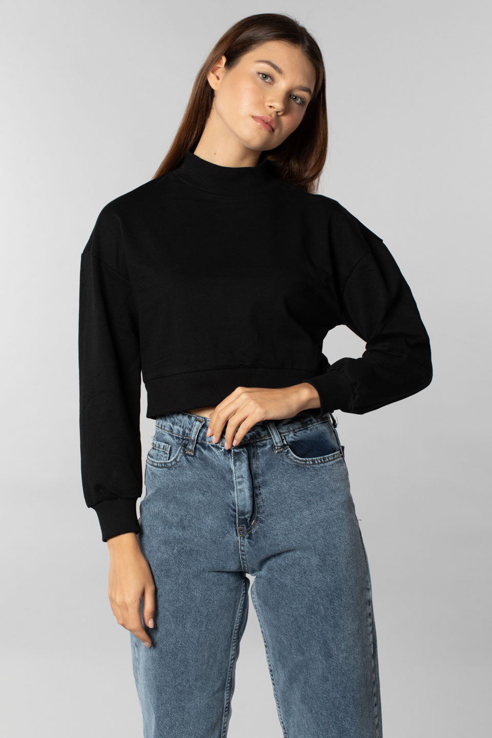 Yarım balıkçı uzun kollu sweatshirt-6295 Siyah