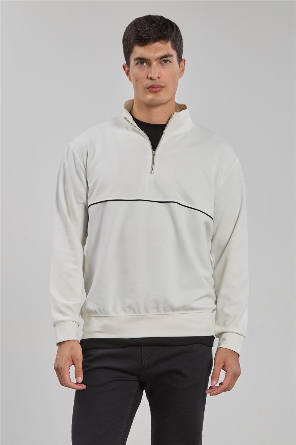 Yarım fermuarlı biyeli sweatshirt-1221-1 Ekru