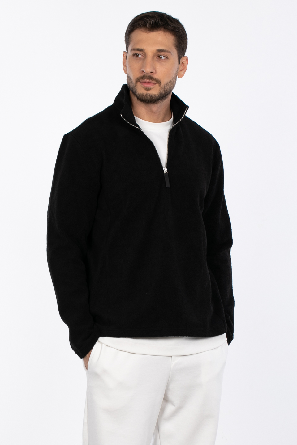 Yarım fermuarlı dik yaka sweat-6053 Siyah