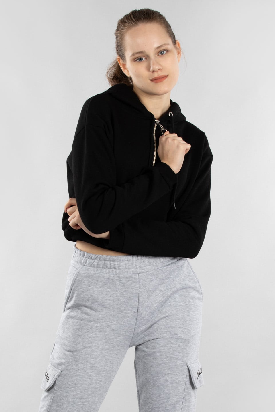 Yarım fermuarlı kapüşonlu sweatshirt-4280 Siyah