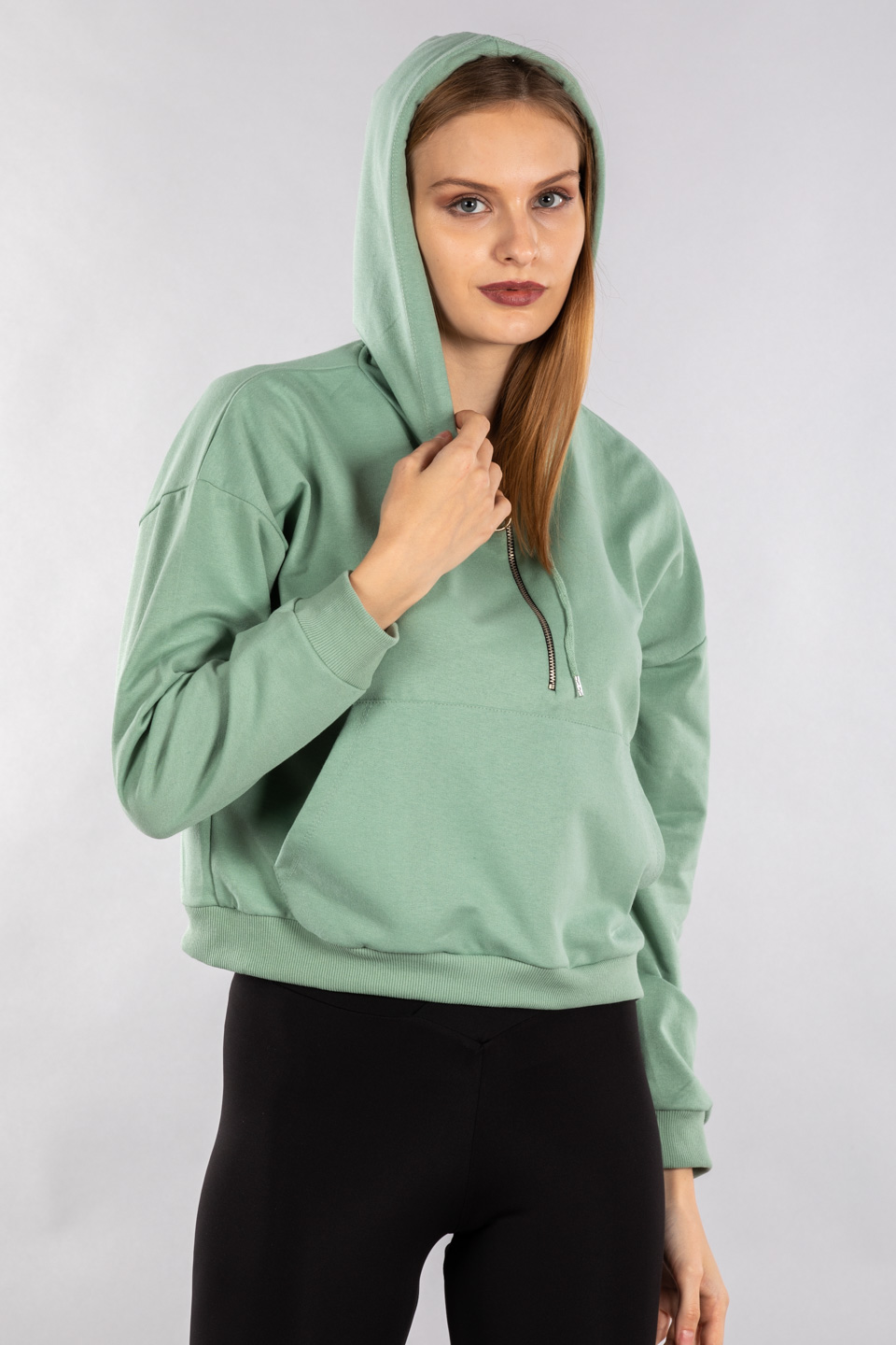 Yarım fermuarlı kapüşonlu sweatshirt-7005 Mint