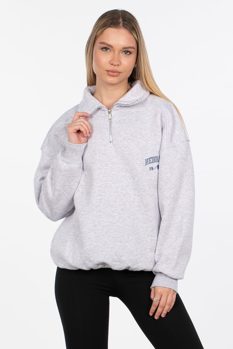 Yarım fermuarlı yazı baskılı sweatshirt-DVN0848 Kar Melanj