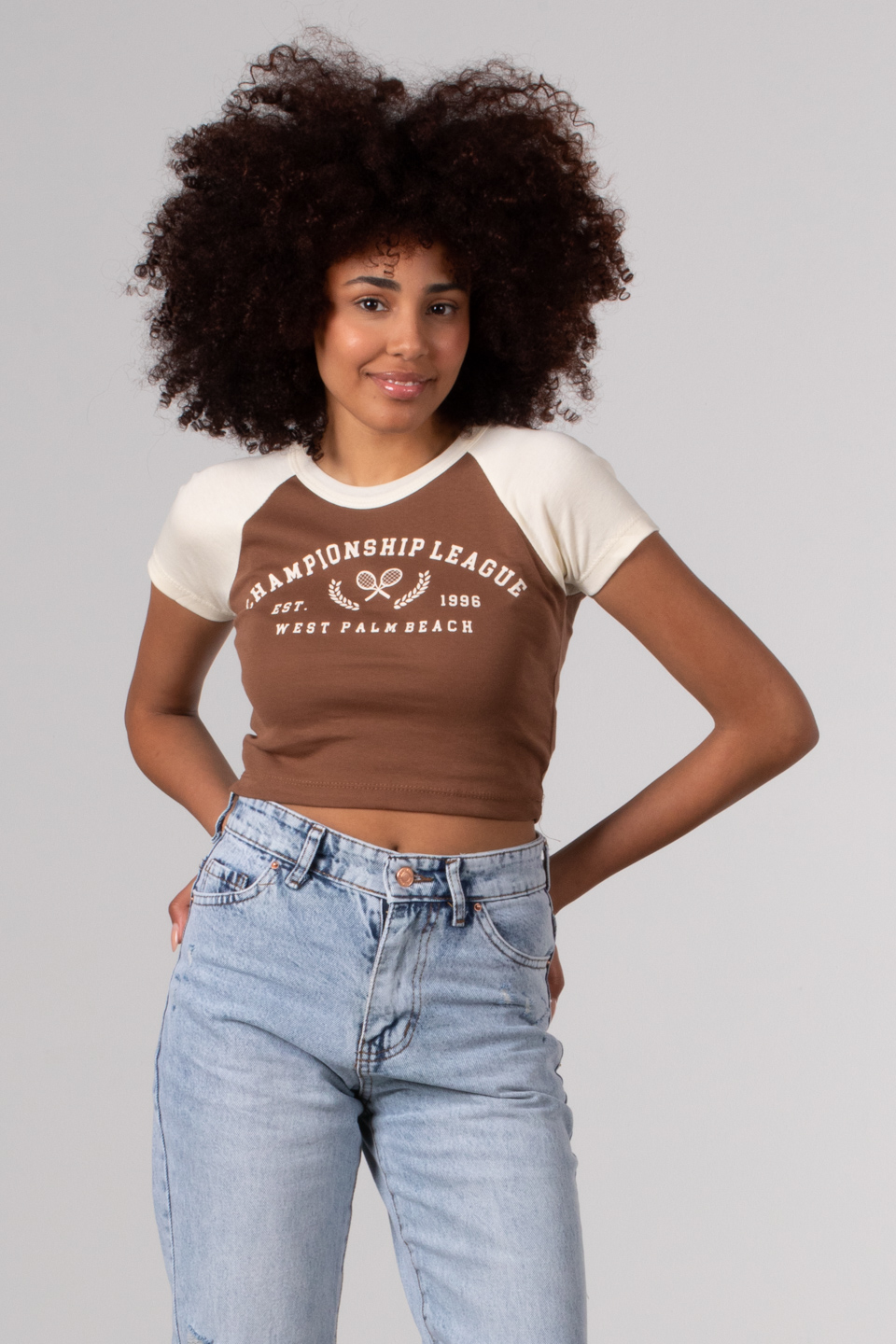 Yazı baskılı garnili crop-4107 Kahve