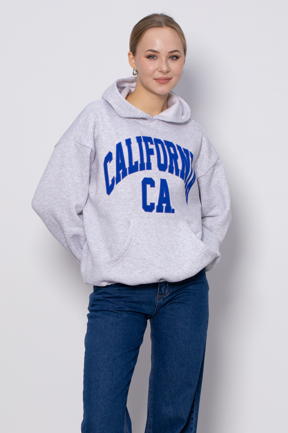 Yazı baskılı kapüşonlu sweatshirt-DVN0424 Kar Melanj