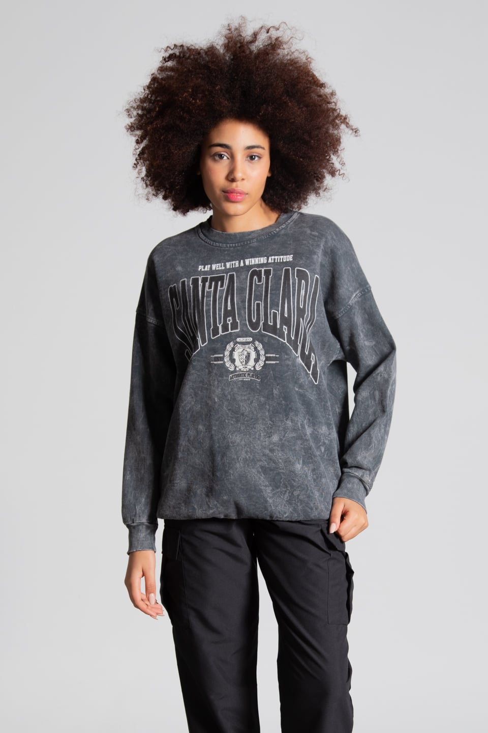 Yazı baskılı oversize sweatshirt-18196 Füme