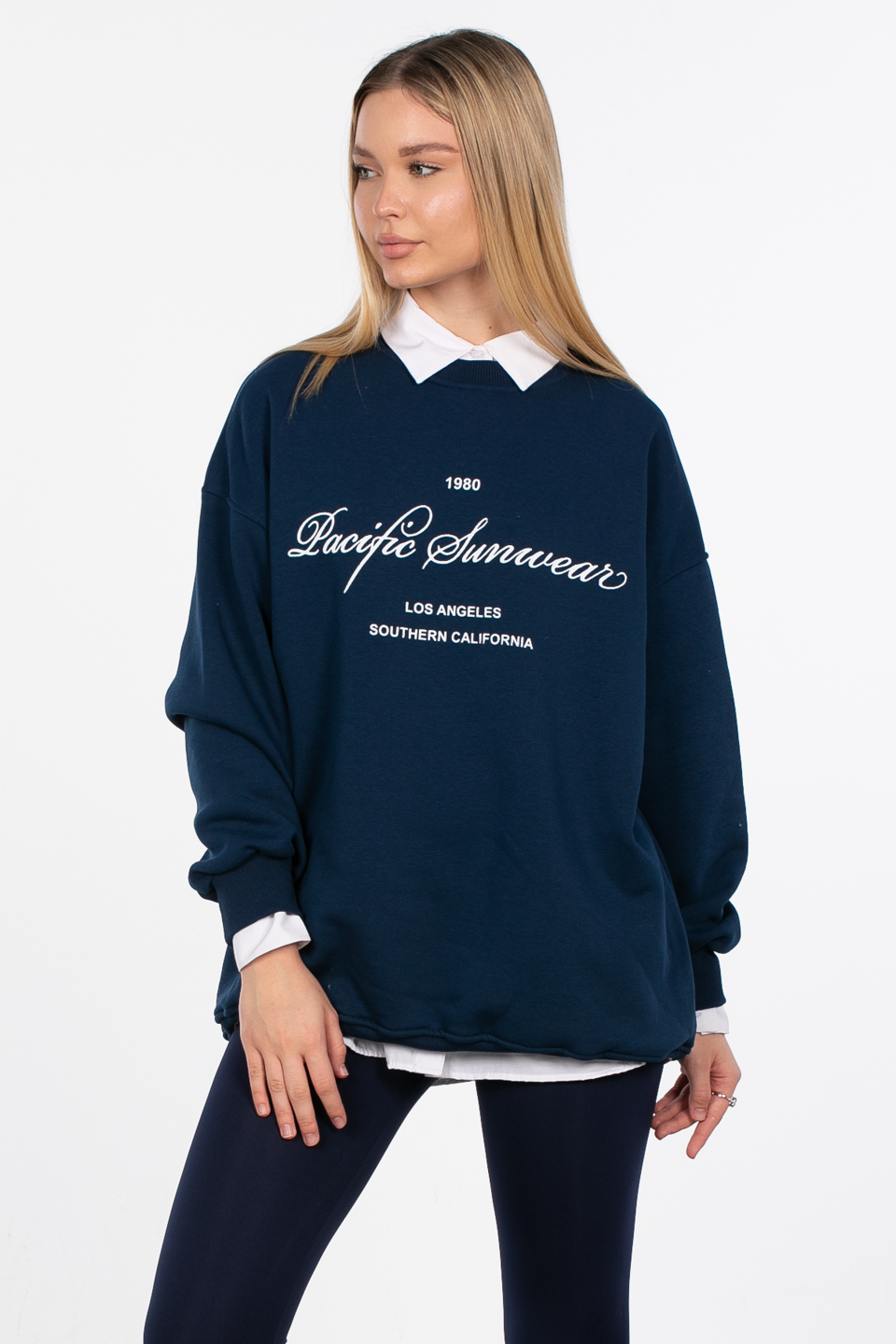 Yazı baskılı oversize sweatshirt-DVN0845 Lacivert