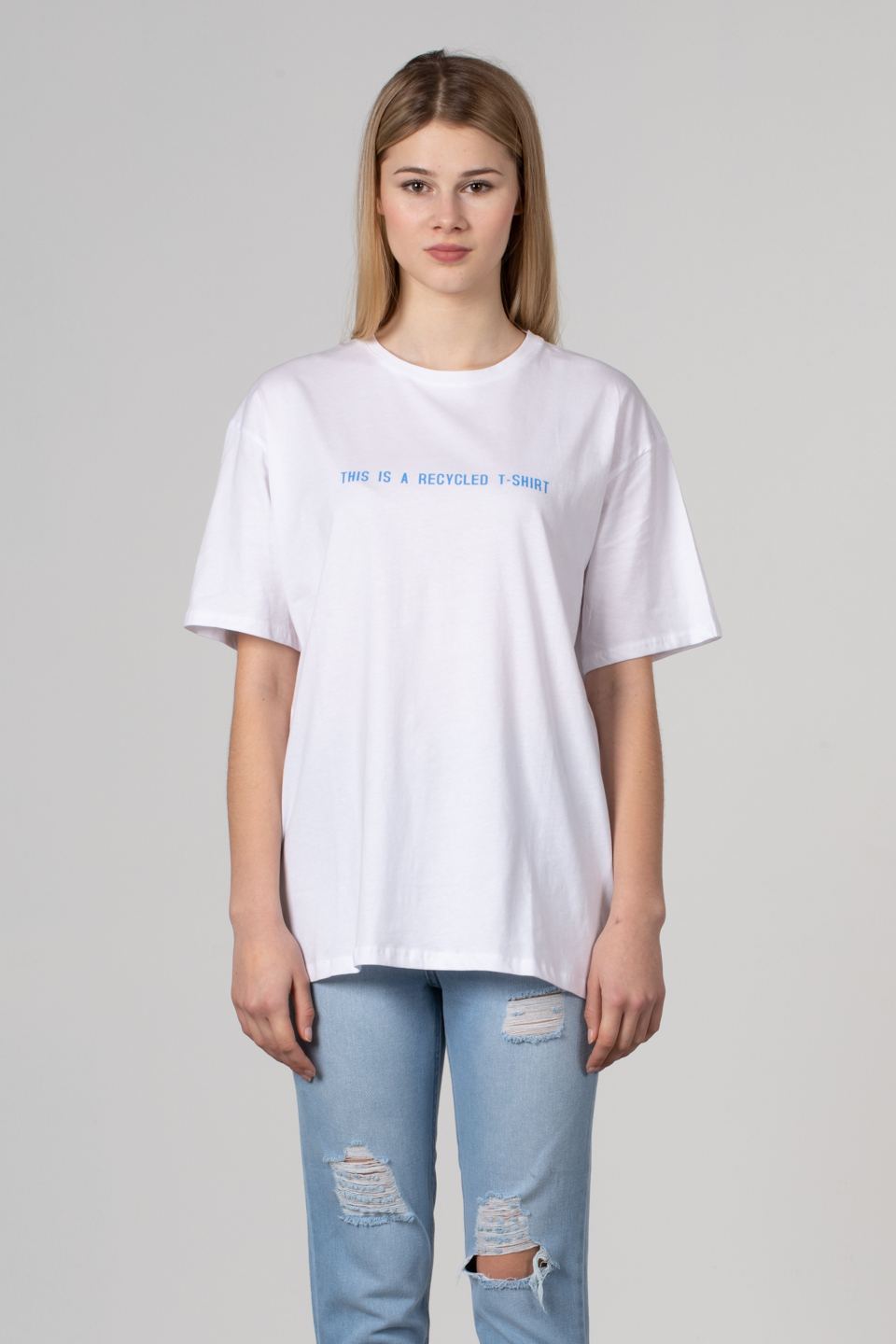 Yazı baskılı oversize t-shirt-2498 Beyaz