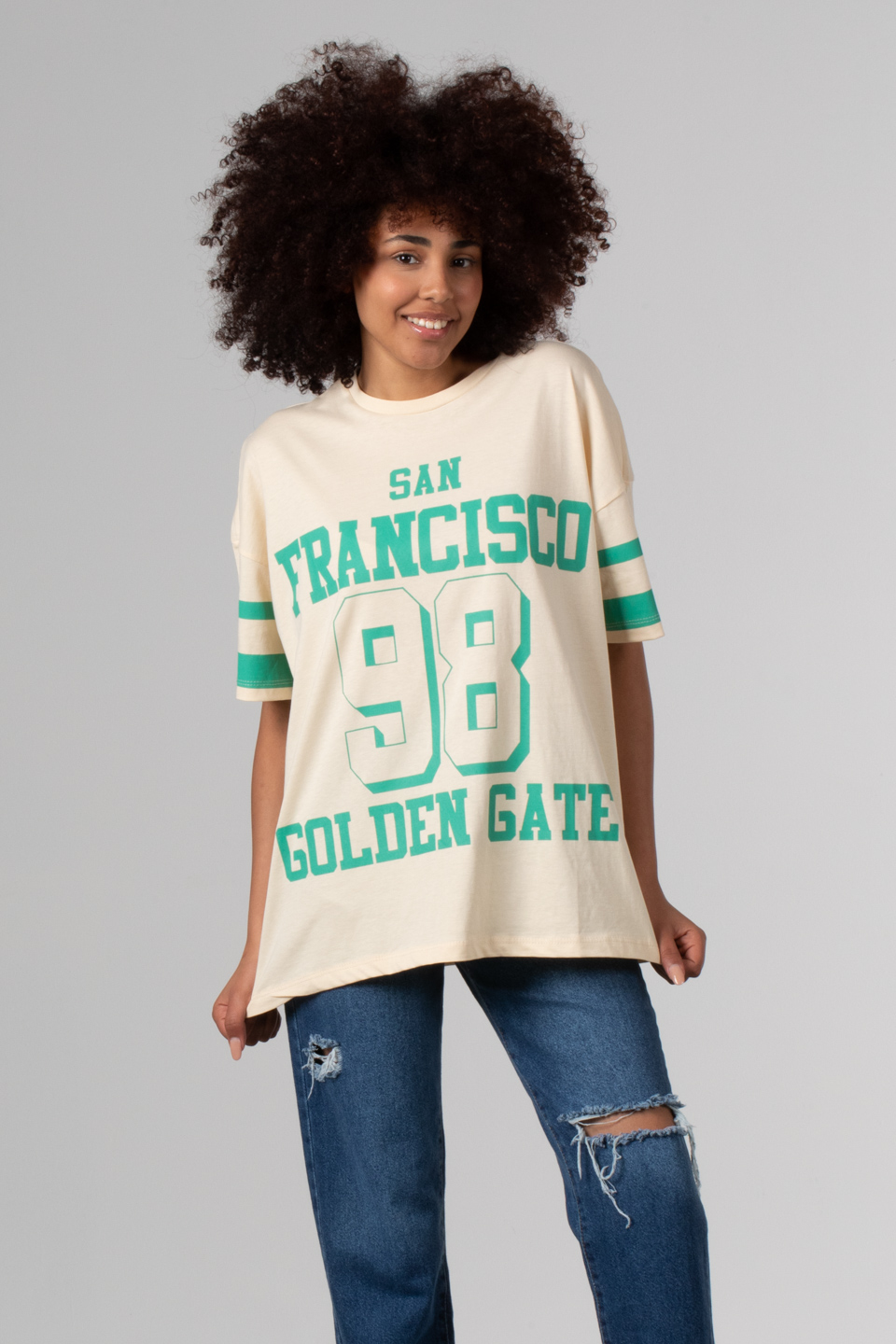 Yazı baskılı oversize t-shirt-81288 Krem/Yeşil