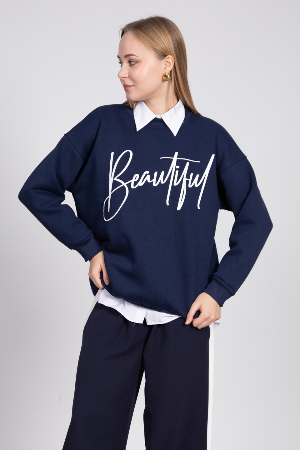 Yazı baskılı sweatshirt-81893 Lacivert