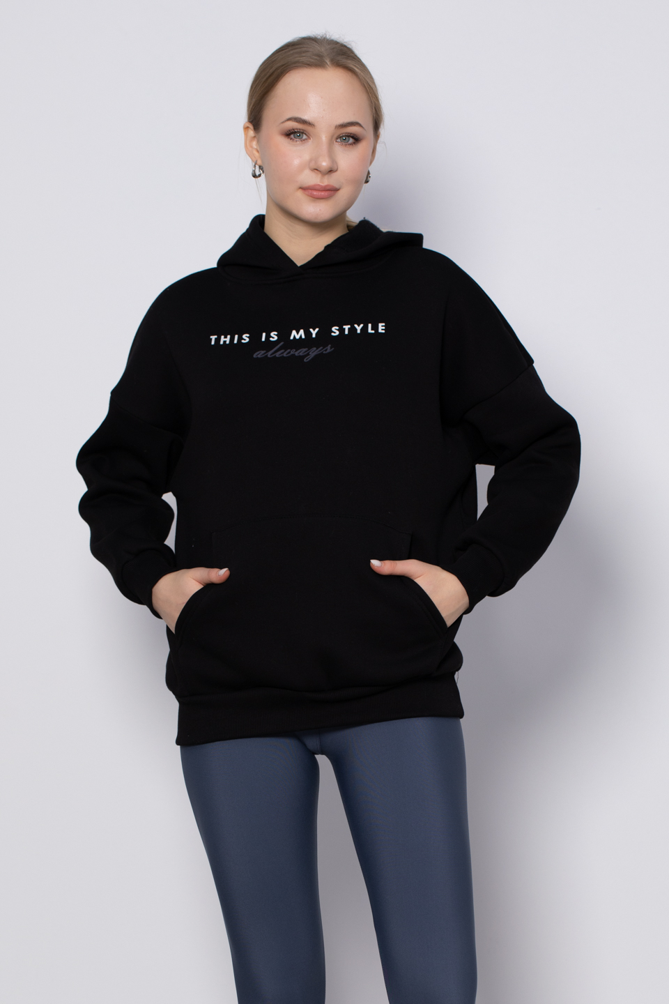 Yazı detaylı kapüşonlu sweatshirt-DVN0436 Siyah