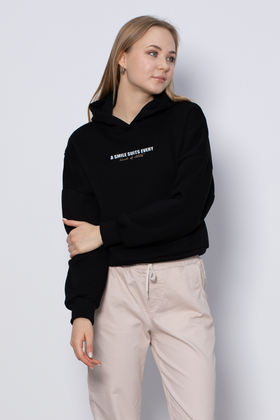 Yazı detaylı kapüşonlu sweatshirt-DVN0435 Siyah