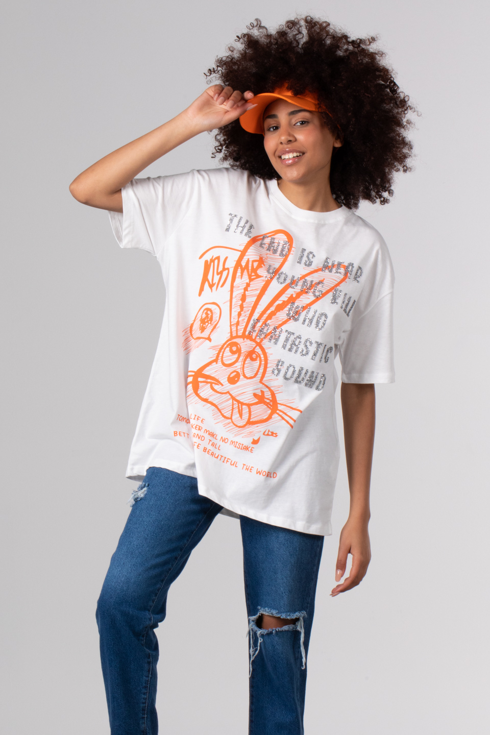 Yazılı tavşan baskılı t-shirt-DVN0348 Beyaz