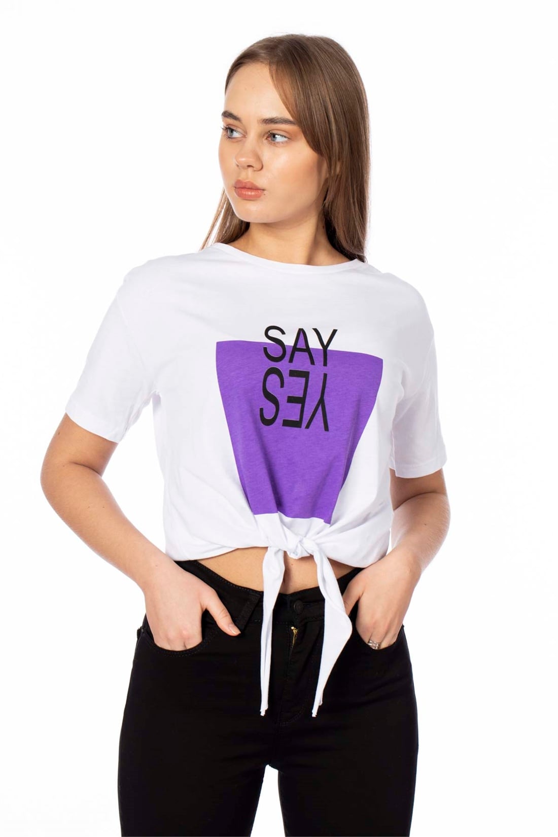 Yes Baskılı Basic T-Shirt-Beyaz