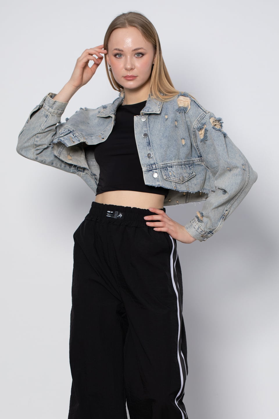 Yırtıklı Crop Ceket - Buz Mavisi