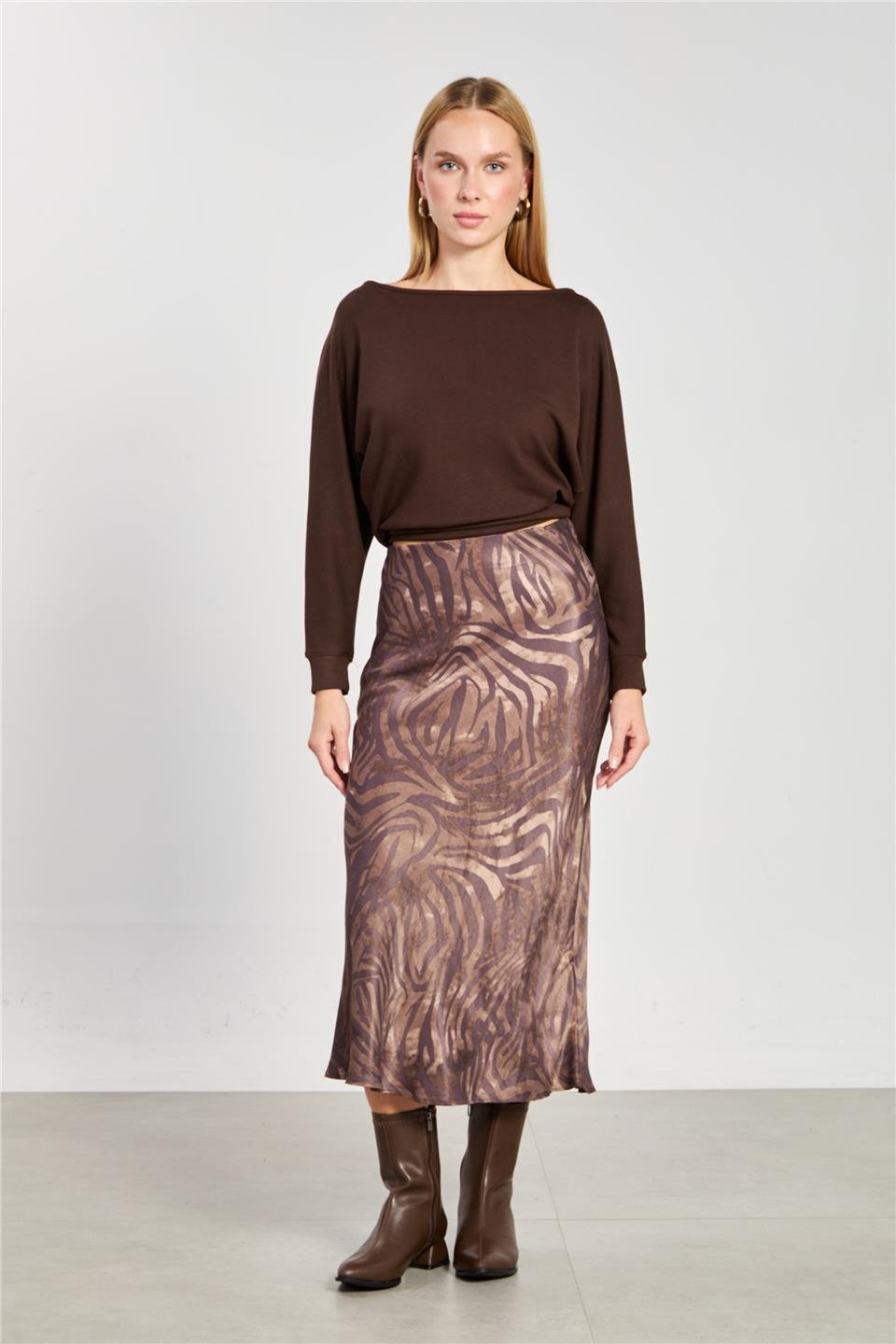 Zebra desen midi etek-1406 Kahve