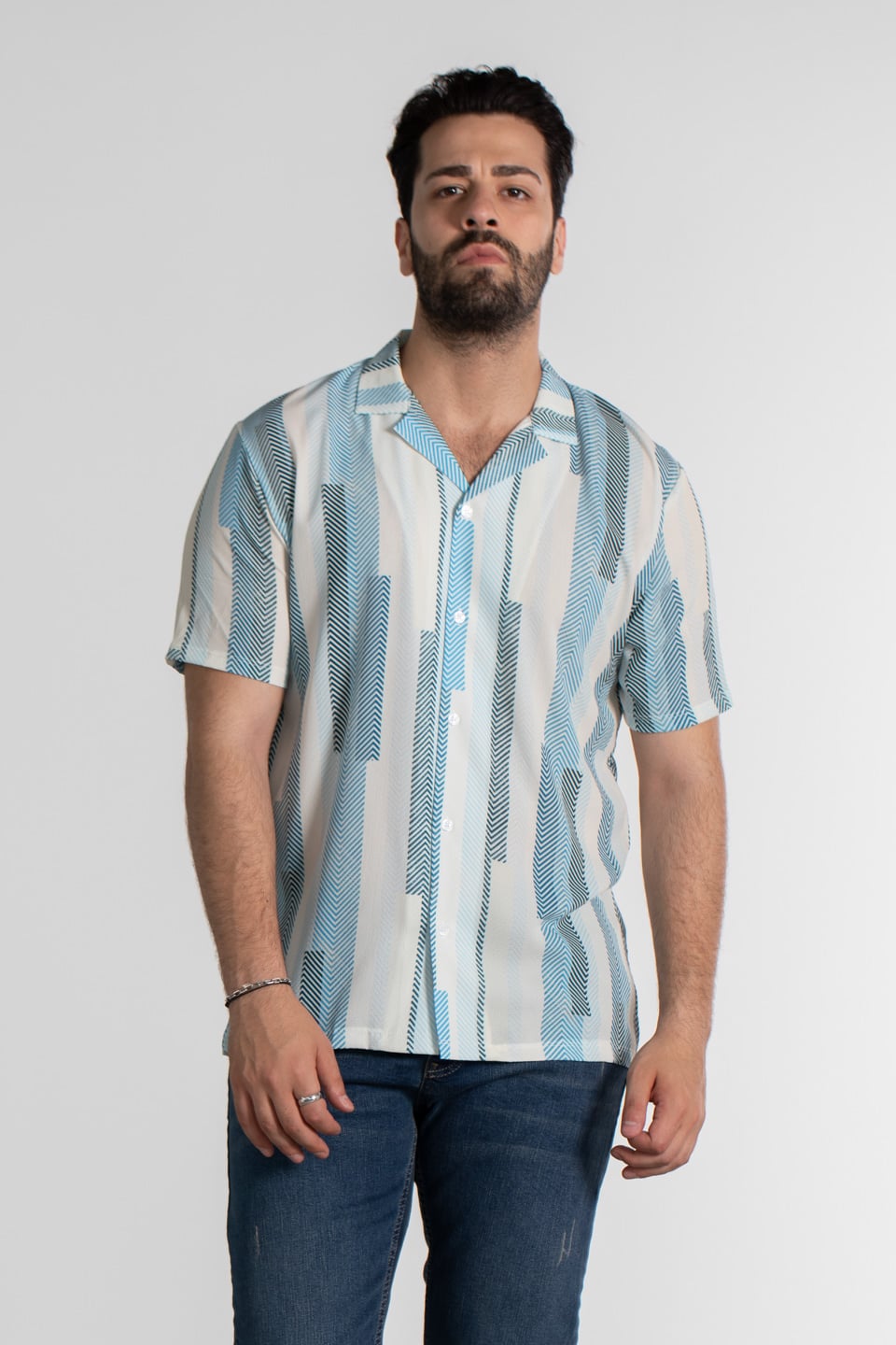 Zigzag desen apaş yaka gömlek-8012 İndigo