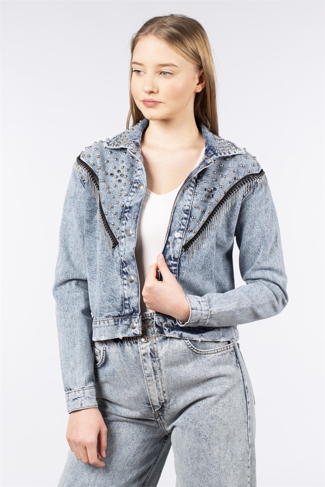 Zımbalı Denim Ceket-5384 Mavi