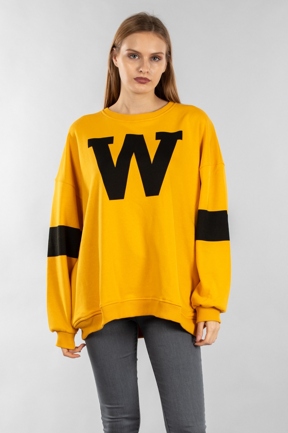 W baskılı oversize sweatshirt-5194 Hardal/Siyah