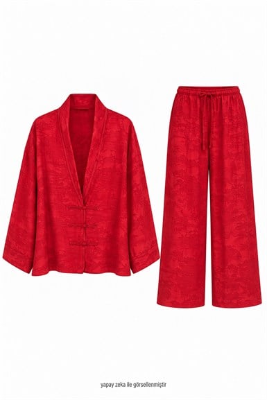 Jakarlı Kimono Takım Kırmızı