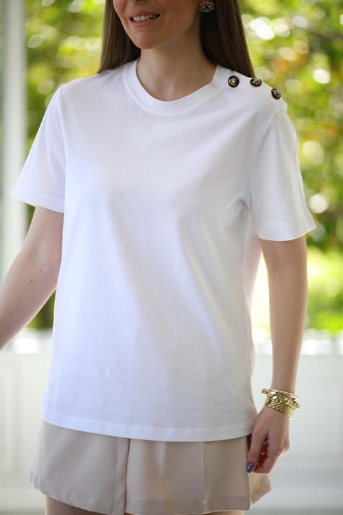 Edza Omuz Düğme Detay T-shirt Beyaz