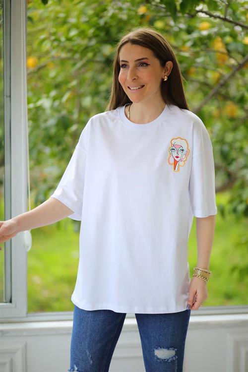 Keniva Face İşleme T-shirt Beyaz